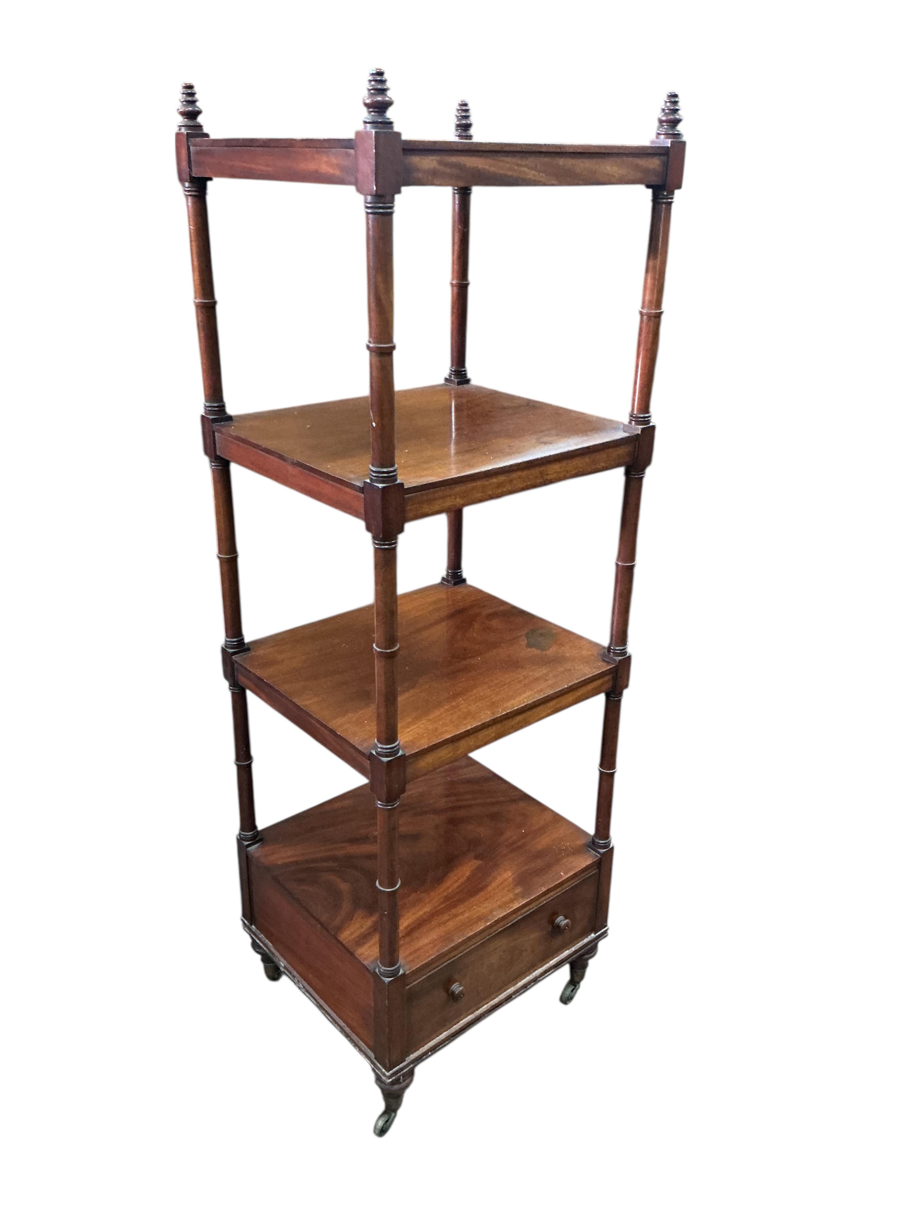 A Regency mahogany four tier whatnot, width 45cm, depth 41cm, height 140cm